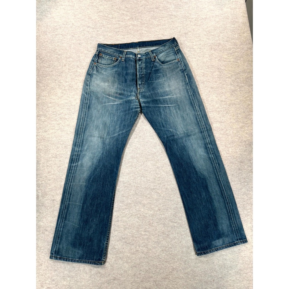 Levis 501 Jeans Mens 36x32 Blue Whiskered Denim Cotton Straight Leg Dark Wash